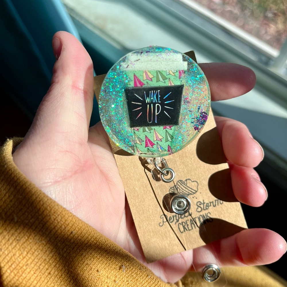 Wake Up Coffee Handmade Resin Badge Reel